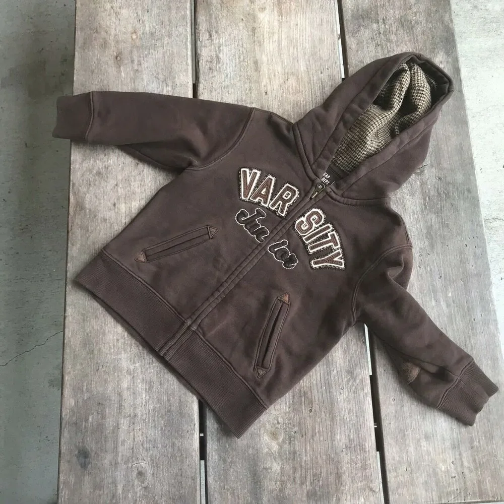 Gap Boys Hoodie Size 2T Brown Zip Front Elbow Patches‎ Tweed Varsity